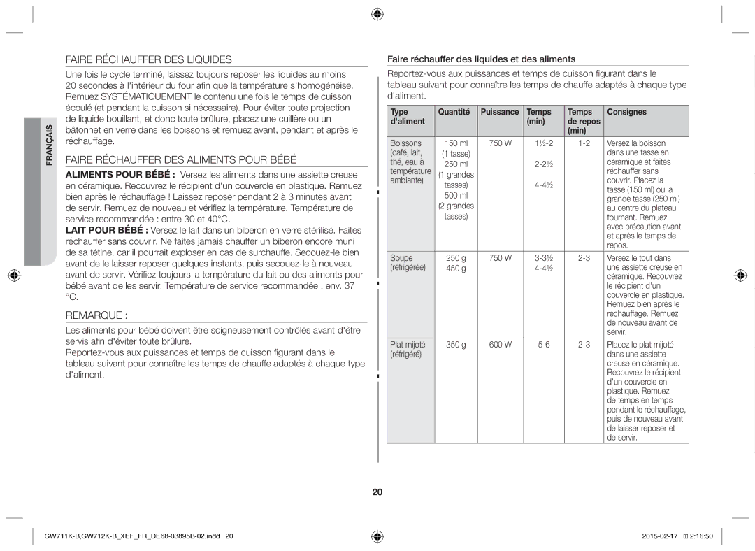 Samsung GW712K/XEF manual Faire Réchauffer DES Liquides, Faire Réchauffer DES Aliments Pour Bébé, Remarque, Type Quantité 