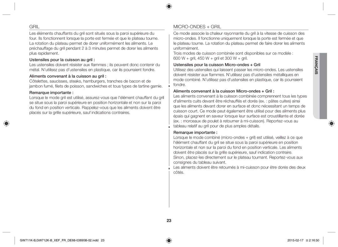 Samsung GW712K/XEF manual MICRO-ONDES + Gril, Aliments convenant à la cuisson au gril, Remarque importante 