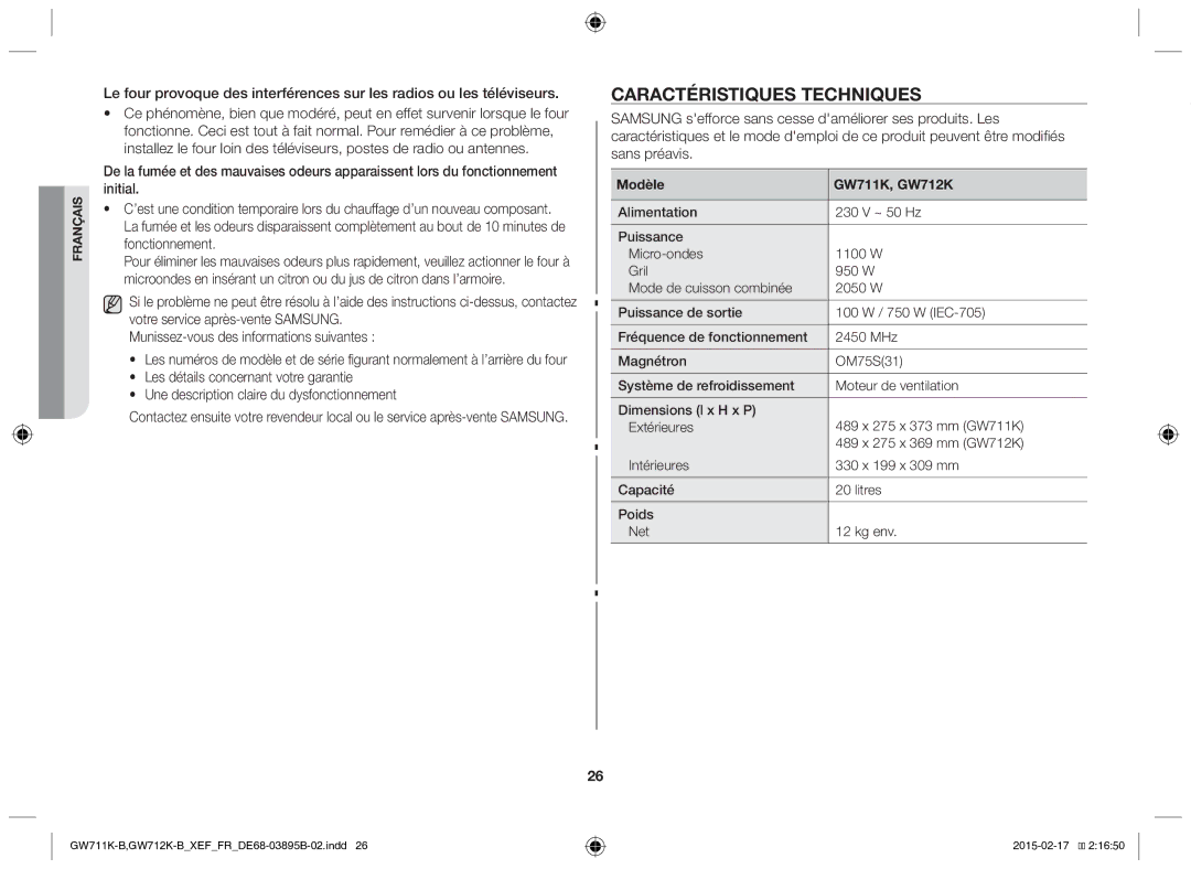 Samsung GW712K/XEF manual Caractéristiques techniques, Modèle GW711K, GW712K 