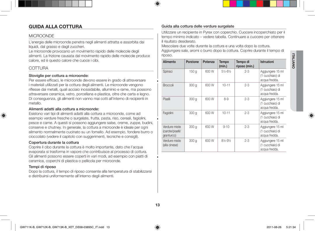 Samsung GW712K/XET manual Guida alla cottura, Microonde, Cottura, Alimento Porzione Potenza Tempo Tempo di Istruzioni Min 