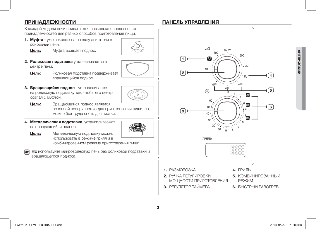 Samsung MW713KR/BWT, GW713KR/BWT manual Принадлежности, Панель Управления, Роликовая подставка устанавливается в центре печи 