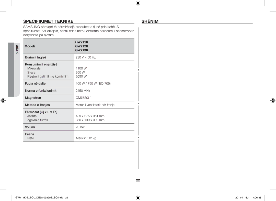 Samsung GW713K/XET manual Specifikimet Teknikeshënim, GW711K, Modeli GW712K GW713K 