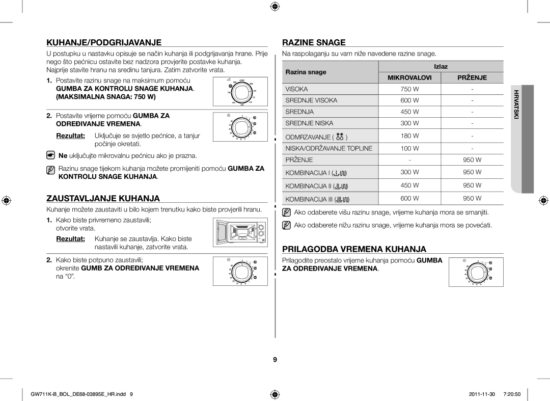 Samsung GW713K/XET manual Kuhanje/Podgrijavanje, Zaustavljanje Kuhanja, Razine Snage, Prilagodba Vremena Kuhanja 