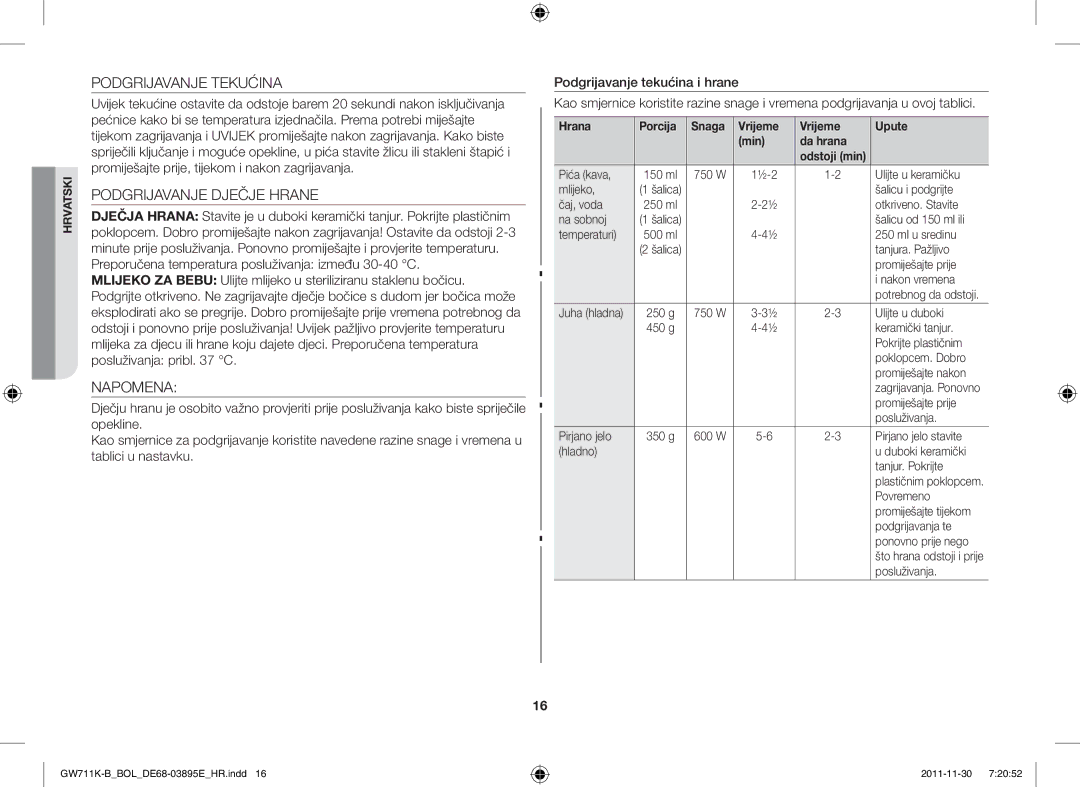 Samsung GW713K/XET manual Podgrijavanje Tekućina, Podgrijavanje Dječje Hrane 