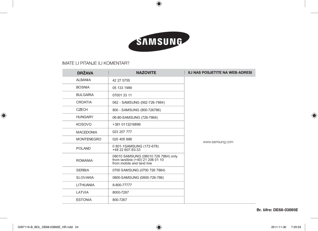 Samsung GW713K/XET manual Br. šifre DE68-03895E, 42 27 