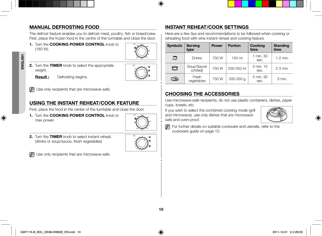 Samsung GW713K/XET manual Manual defrosting food, Using the instant reheat/cook feature, Instant reheat/cook settings 