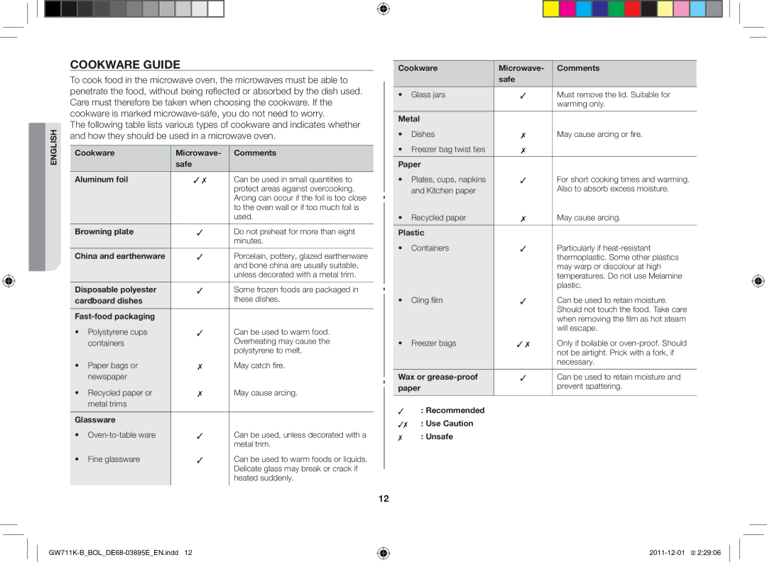 Samsung GW713K/XET manual Cookware guide 