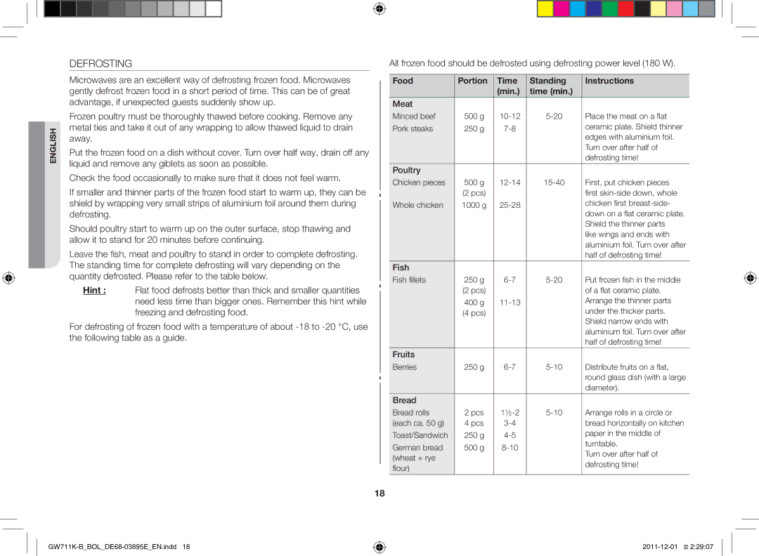 Samsung GW713K/XET manual Defrosting 