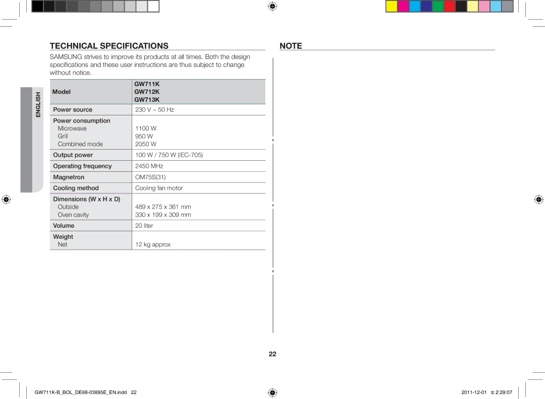 Samsung GW713K/XET manual Technical specifications, Are thus subject to change Without notice 