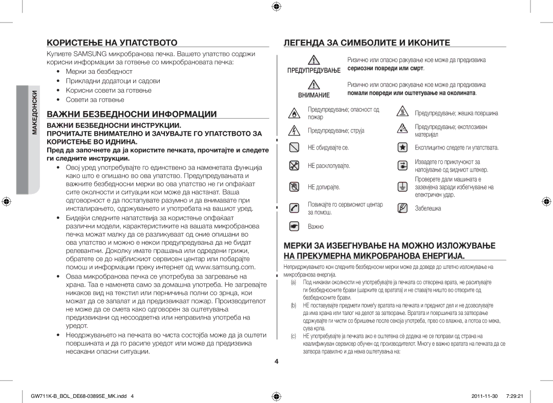Samsung GW713K/XET manual Користење НА Упатството, Легенда ЗА Симболите И Иконите, Важни Безбедносни Информации 