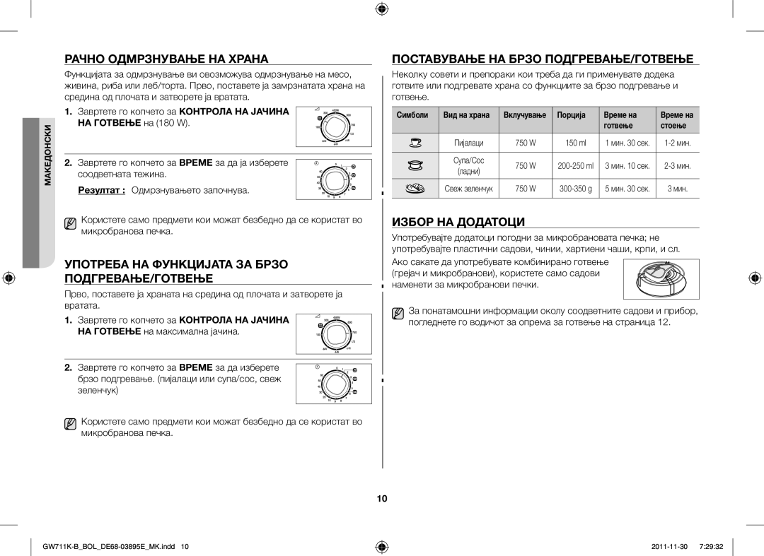 Samsung GW713K/XET manual Рачно Одмрзнување НА Храна, Употреба НА Функцијата ЗА Брзо ПОДГРЕВАЊЕ/ГОТВЕЊЕ, Избор НА Додатоци 