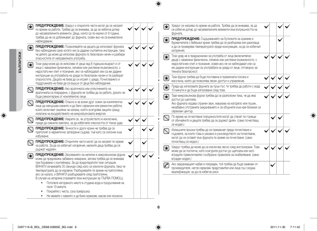 Samsung GW713K/XET manual Случай на изгаряне спазвайте тези инструкции за Първа Помощ 