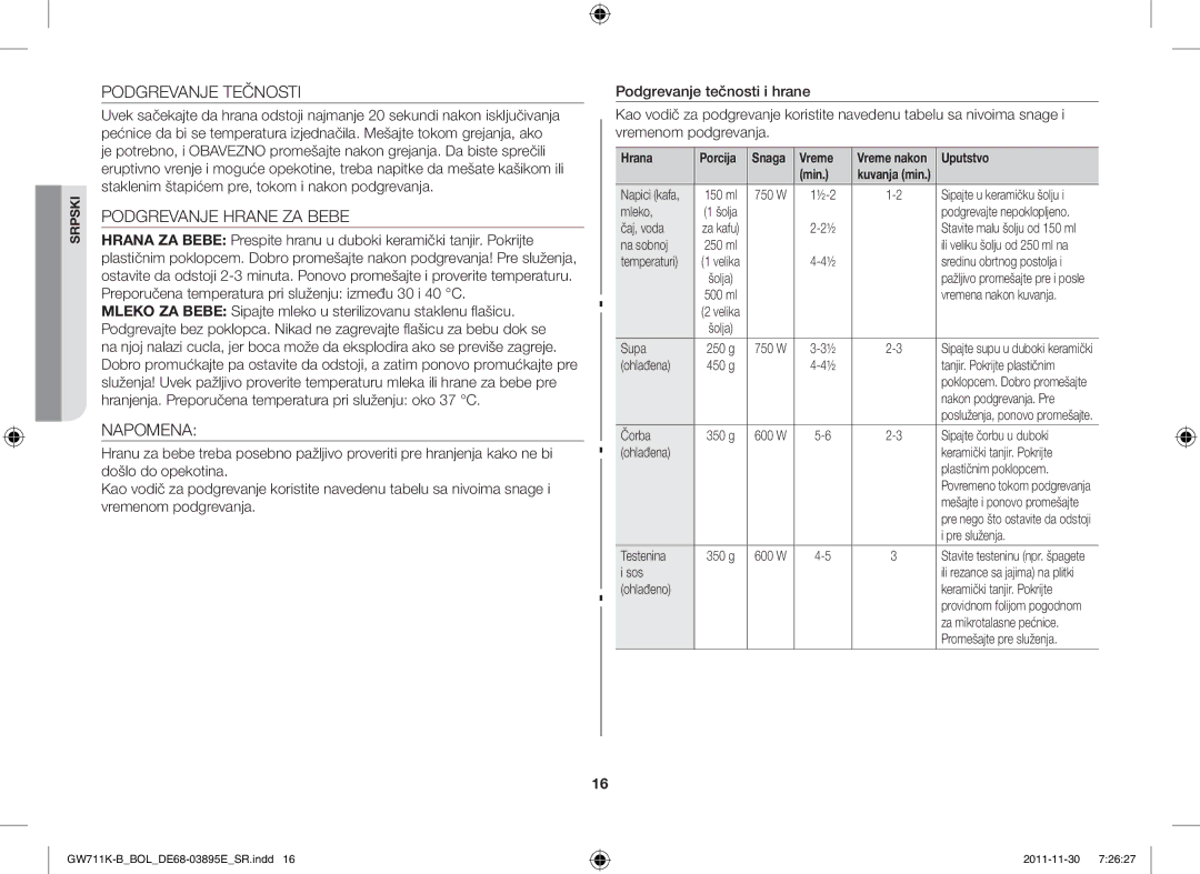 Samsung GW713K/XET manual Podgrevanje Tečnosti, Podgrevanje Hrane ZA Bebe, Napomena, Hrana 