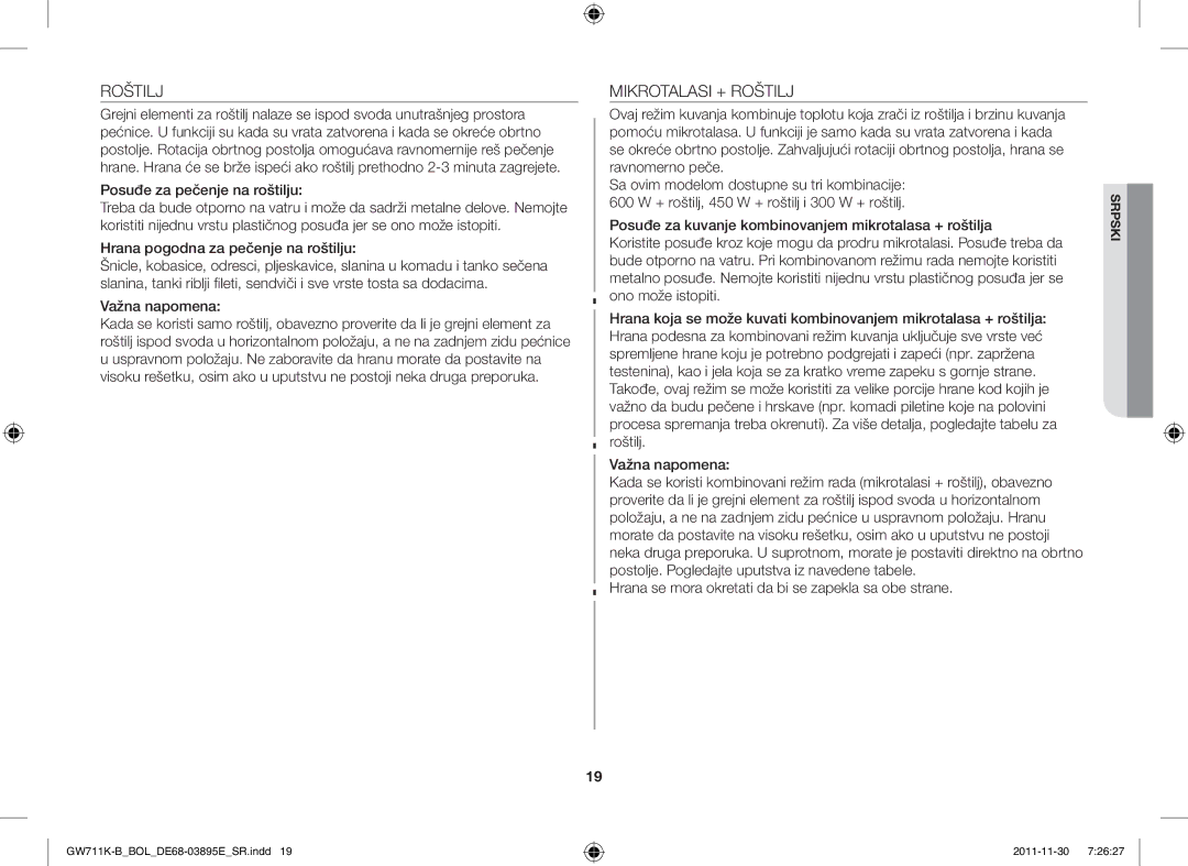 Samsung GW713K/XET manual Mikrotalasi + Roštilj, Posuđe za pečenje na roštilju, Hrana pogodna za pečenje na roštilju 