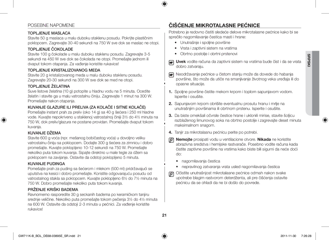 Samsung GW713K/XET manual Čišćenje Mikrotalasne Pećnice, Posebne Napomene 