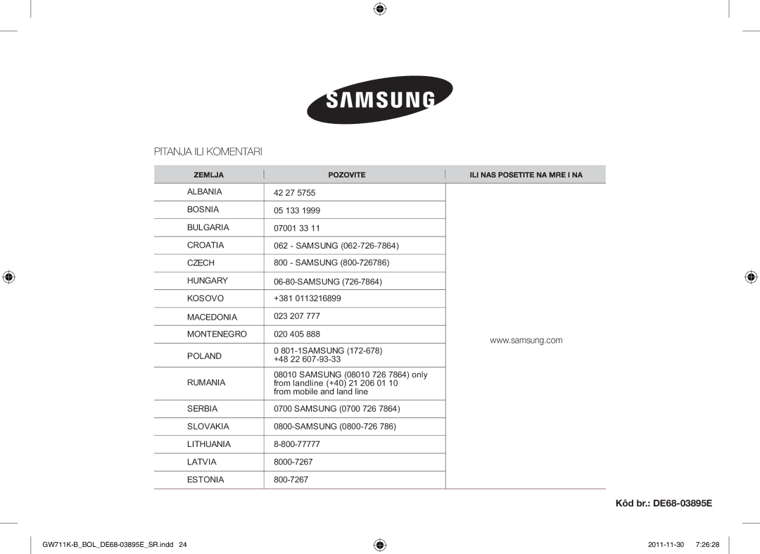 Samsung GW713K/XET manual Kôd br. DE68-03895E, Samsung 0800-726 