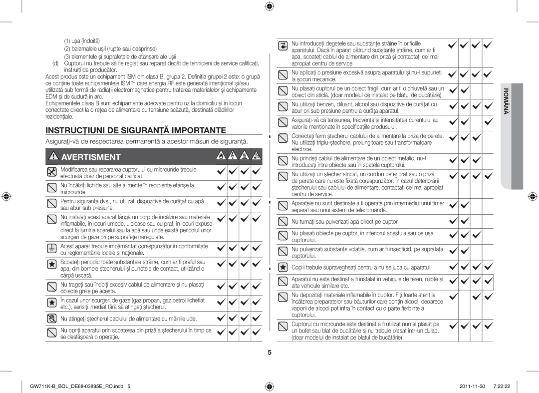 Samsung GW713K/XET Instrucţiuni DE Siguranţă Importante, Copiii trebuie supravegheaţi pentru a nu se juca cu aparatul 