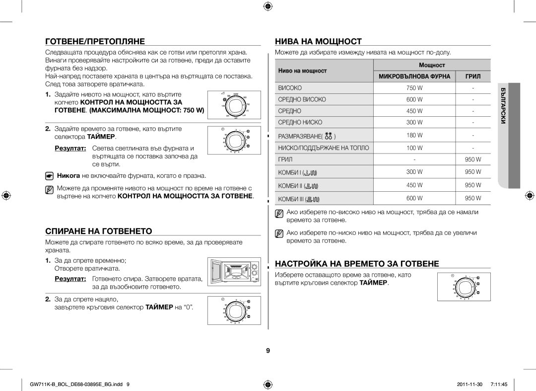 Samsung GW713K/XET manual Готвене/Претопляне, Спиране НА Готвенето, Нива НА Мощност, Настройка НА Времето ЗА Готвене 