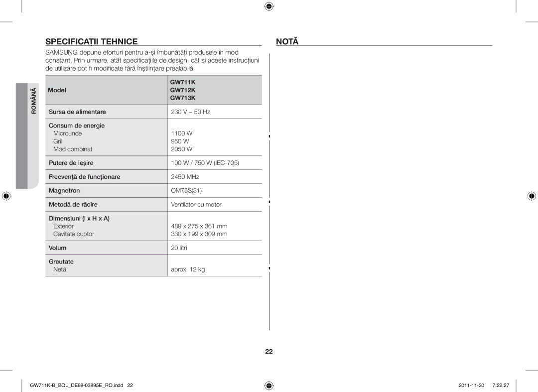 Samsung GW713K/XET manual Specificaţii Tehnice Notă, Constant. Prin urmare, atât specificaţiile 