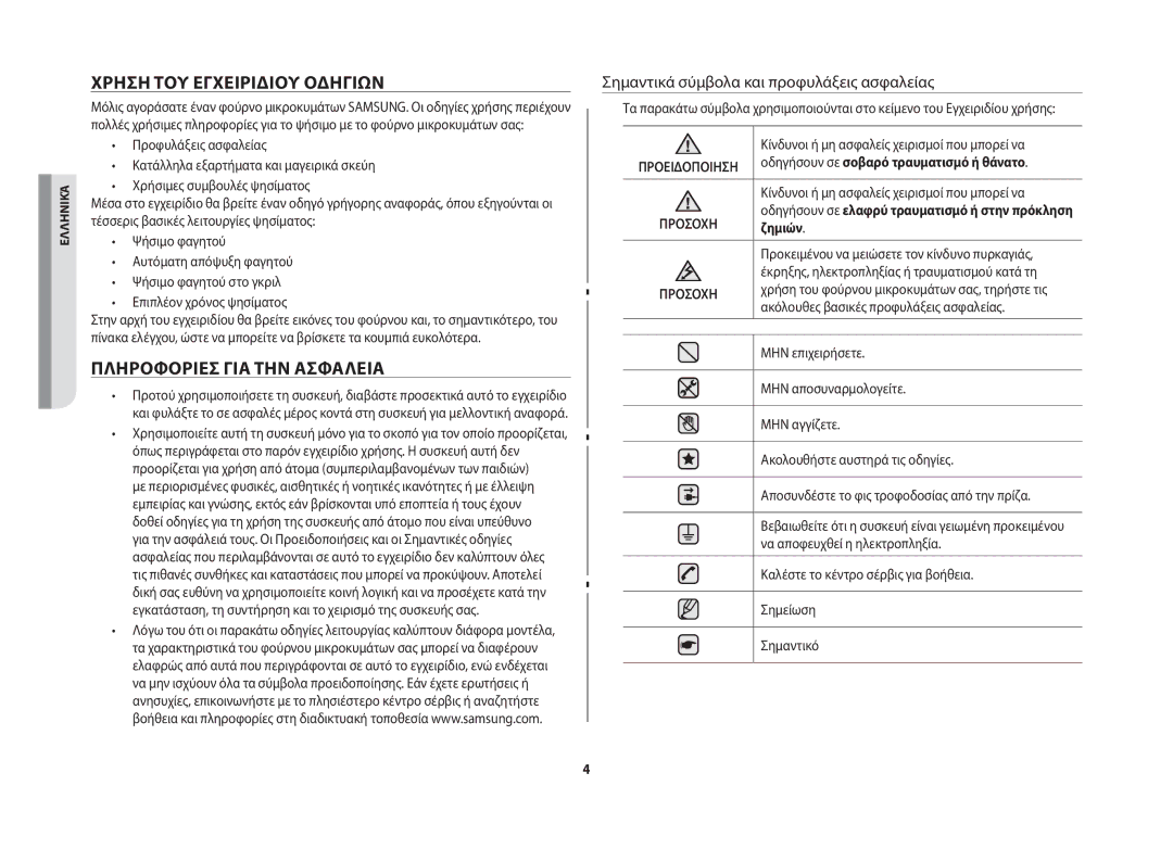 Samsung GW71B/ELE Χρήση ΤΟΥ Εγχειριδίου Οδηγιών, Πληροφορίεσ ΓΙΑ ΤΗΝ Ασφάλεια, Σημαντικά σύμβολα και προφυλάξεις ασφαλείας 
