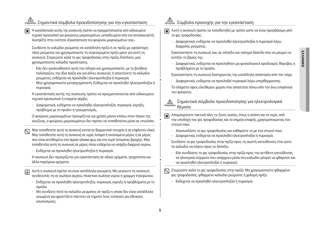 Samsung GW71B/ELE manual Προσοχη Σύμβολα προσοχής για την εγκατάσταση, Σημαντικά σύμβολα προειδοποίησης για ηλεκτρoλογικά 