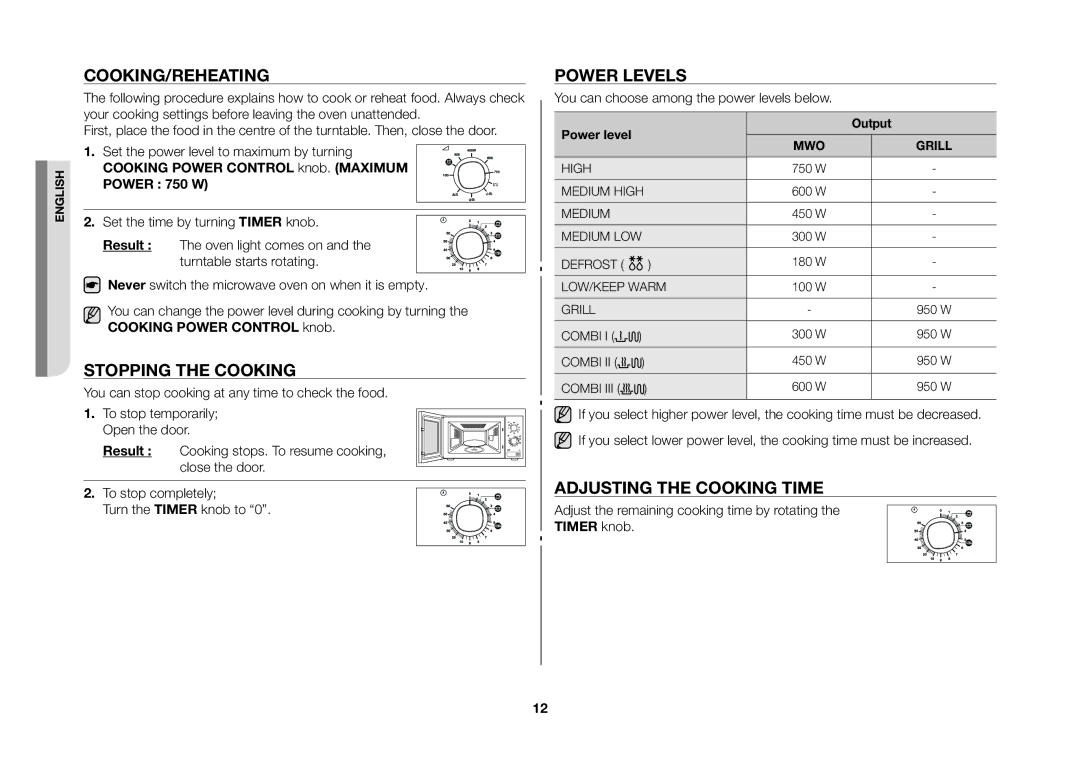 Samsung GW71B/ELE manual Cooking/Reheating, Stopping the cooking, Power levels, Adjusting the cooking time, Output 