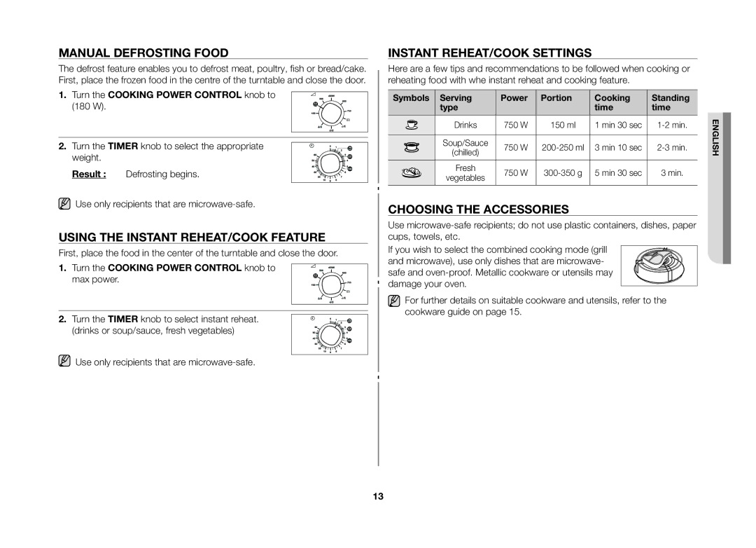 Samsung GW71B/ELE manual Manual defrosting food, Using the instant reheat/cook feature, Instant reheat/cook settings 