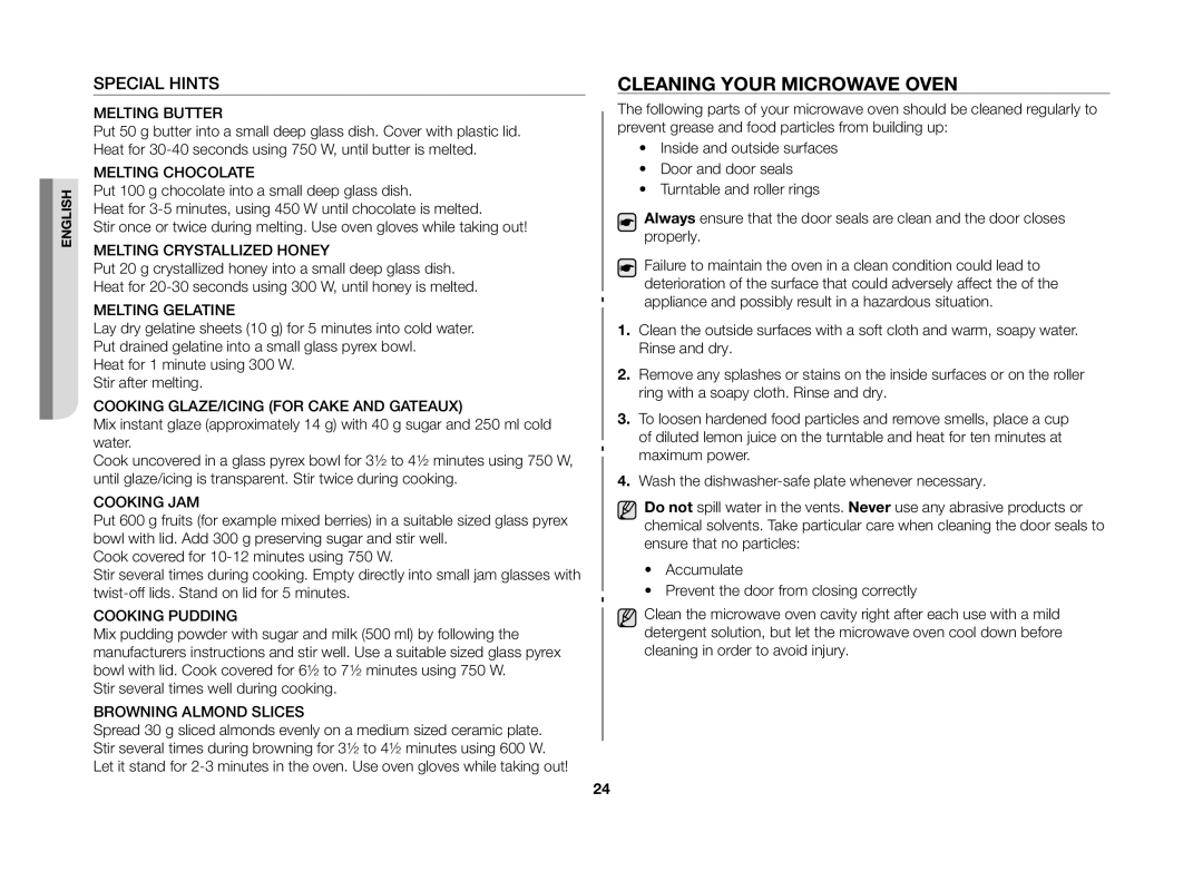 Samsung GW71B/ELE manual Cleaning your microwave oven, Special Hints 