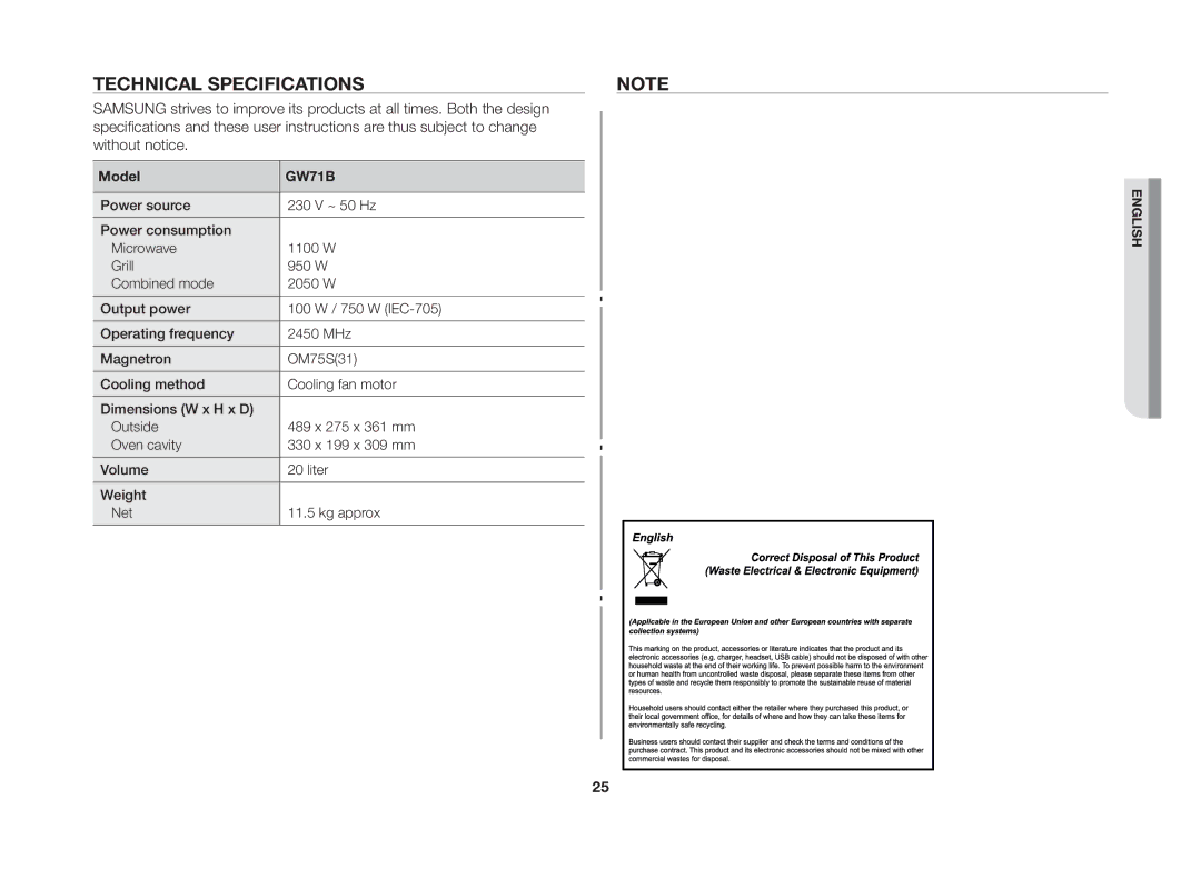 Samsung GW71B/ELE manual Technical specifications, Model 