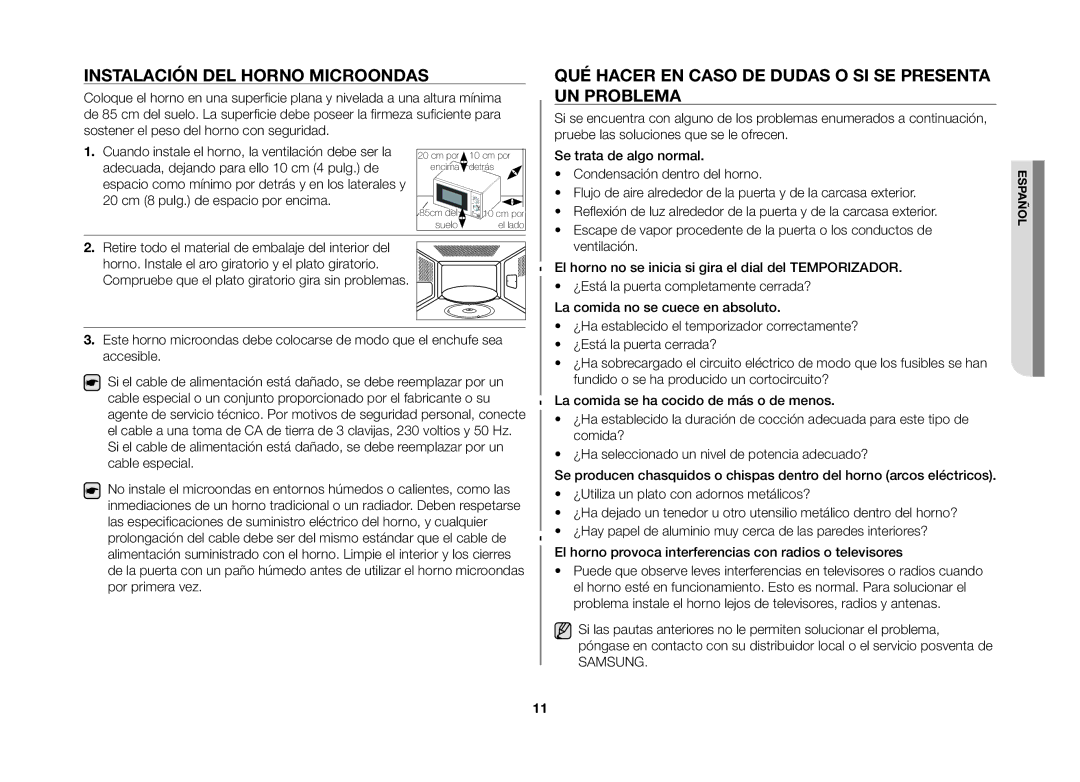 Samsung GW71B/XEC manual Instalación del horno microondas, Qué hacer en caso de dudas o si se presenta un problema 