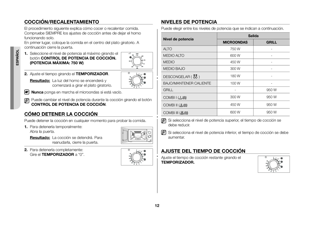 Samsung GW71B/XEC Cocción/recalentamiento, Cómo detener la cocción, Niveles de potencia, Ajuste del tiempo de cocción 