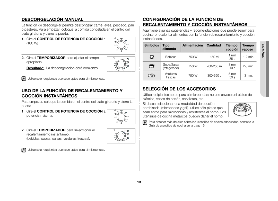 Samsung GW71B/XEC Descongelación manual, Uso de la función de recalentamiento y cocción instantáneos 