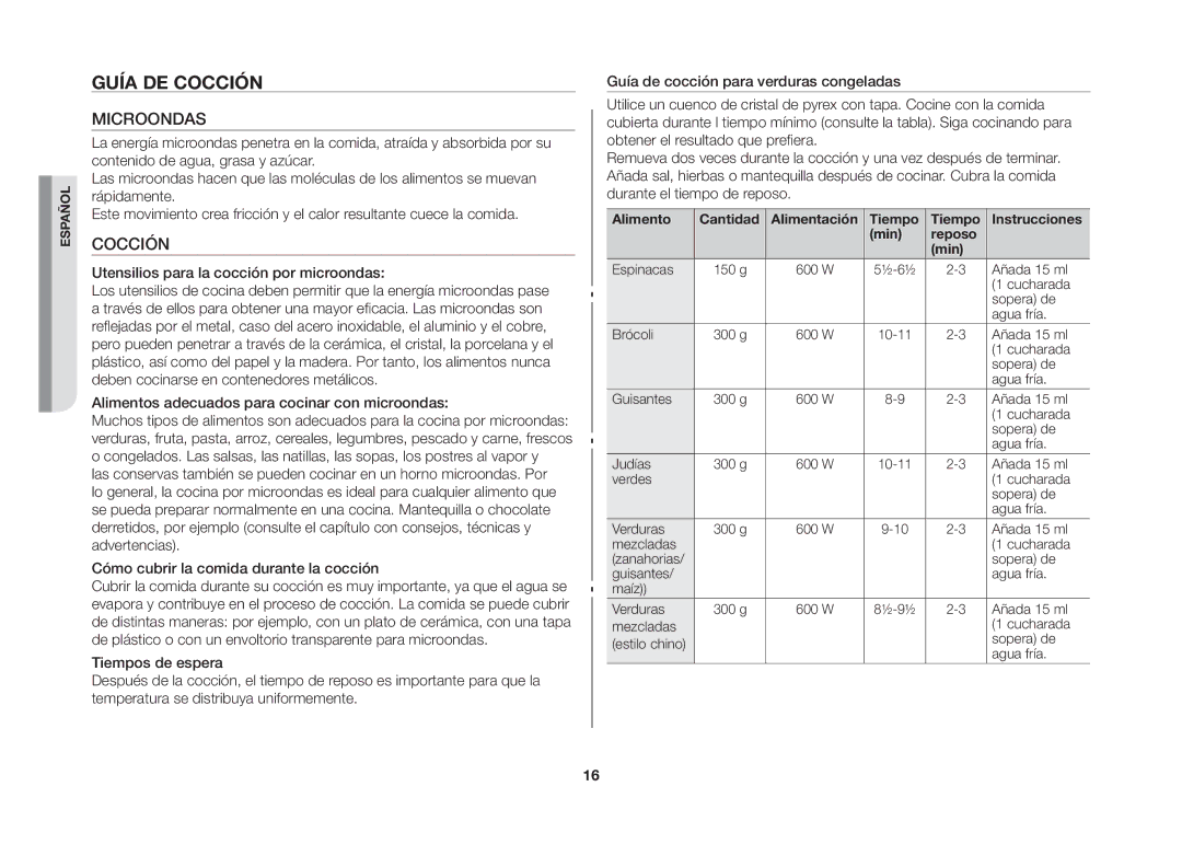 Samsung GW71B/XEC manual Guía de cocción, Microondas, Cocción, Alimento Cantidad Alimentación Tiempo Instrucciones Min 