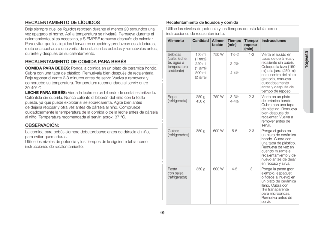 Samsung GW71B/XEC manual Recalentamiento DE Líquidos, Recalentamiento DE Comida Para Bebés, Observación 