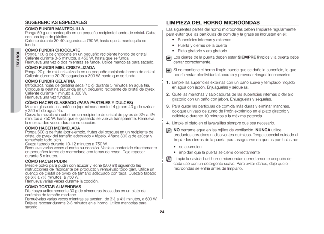 Samsung GW71B/XEC manual Limpieza del horno microondas, Sugerencias Especiales 