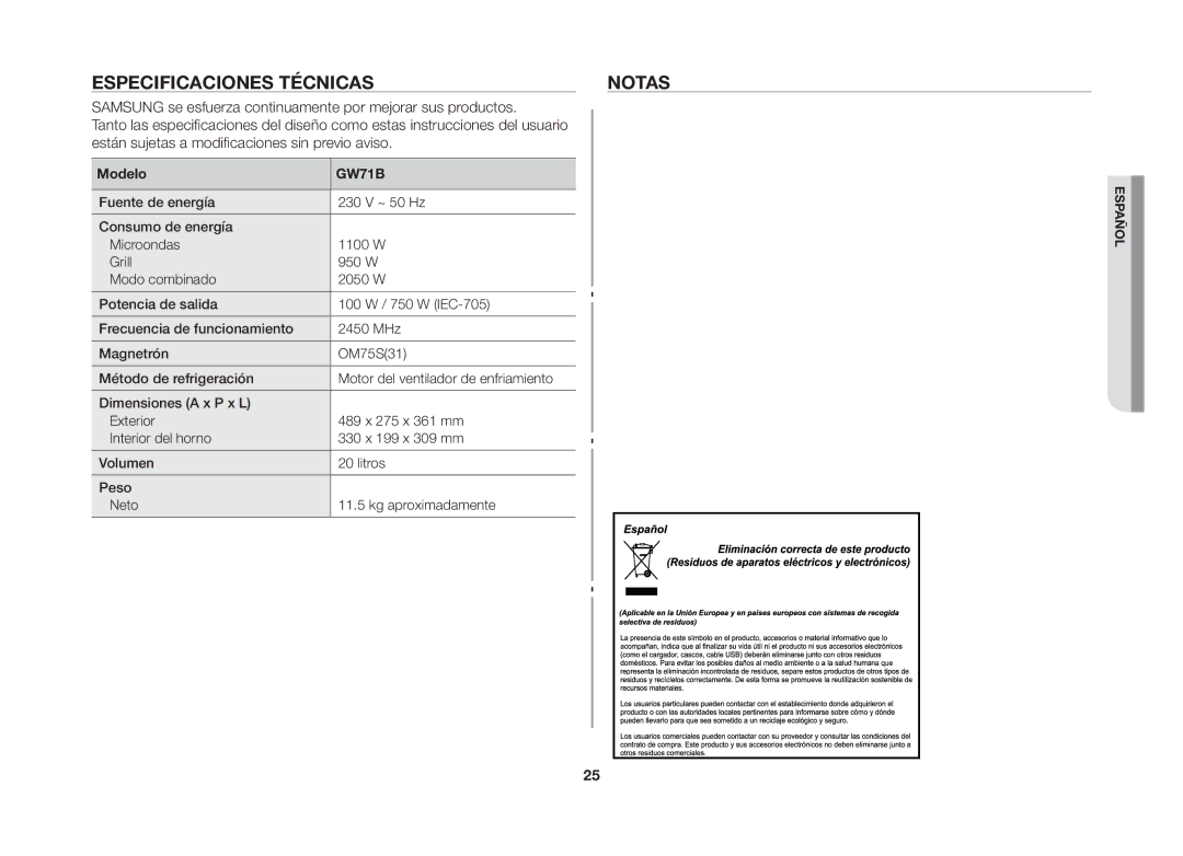 Samsung GW71B/XEC manual Especificaciones técnicas, Modelo 