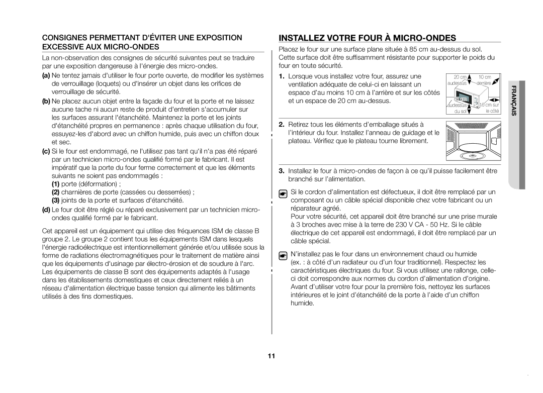 Samsung GW71B/XEF manual Installez votre four à micro-ondes 