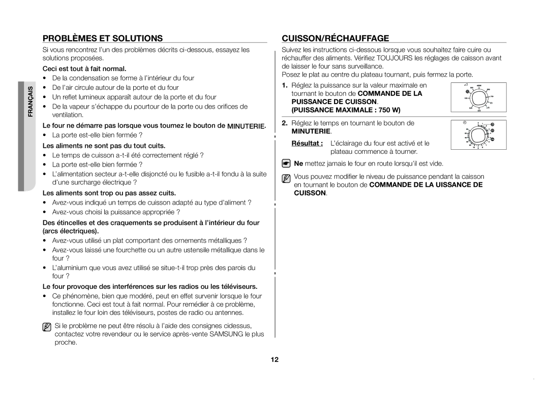 Samsung GW71B/XEF manual Problèmes et solutions, Cuisson/Réchauffage, Réglez le temps en tournant le bouton de 