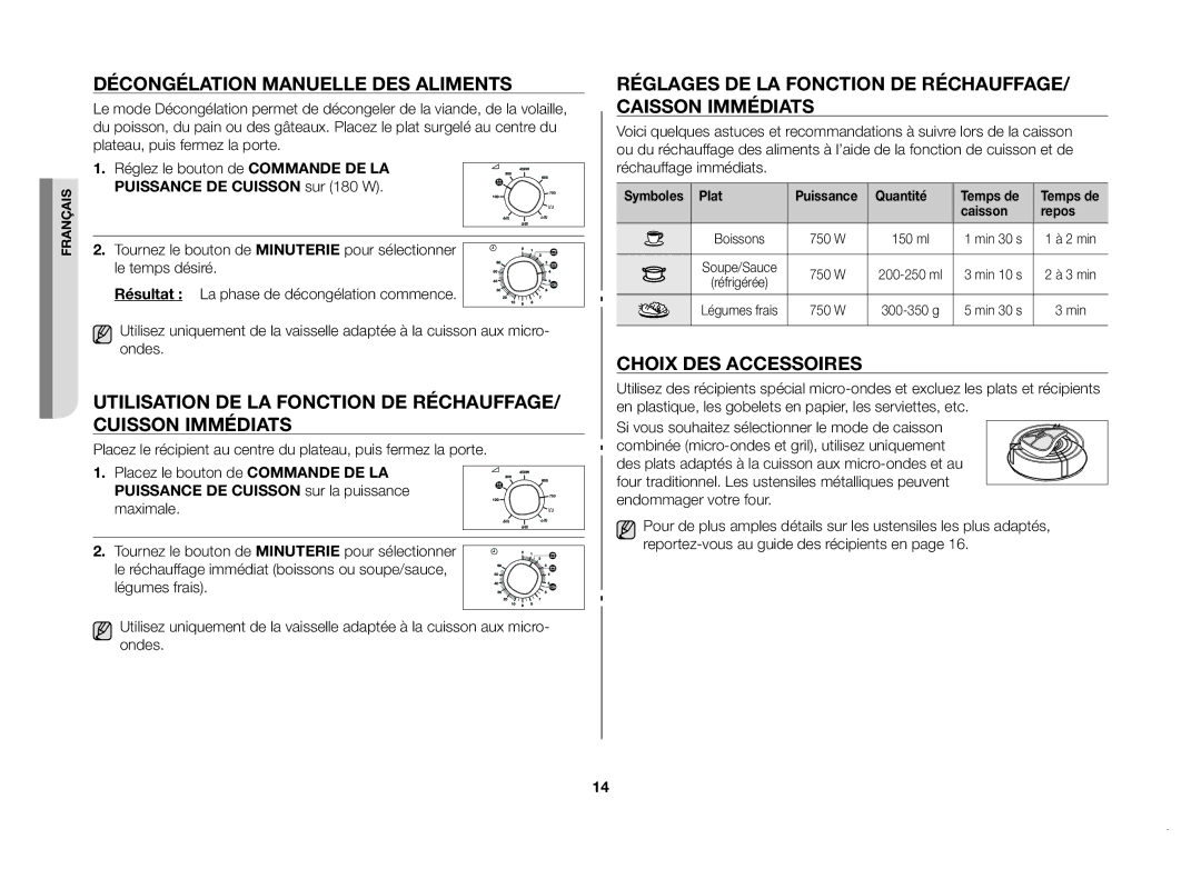 Samsung GW71B/XEF manual Décongélation manuelle des aliments, Réglages de la fonction de réchauffage/ caisson immédiats 