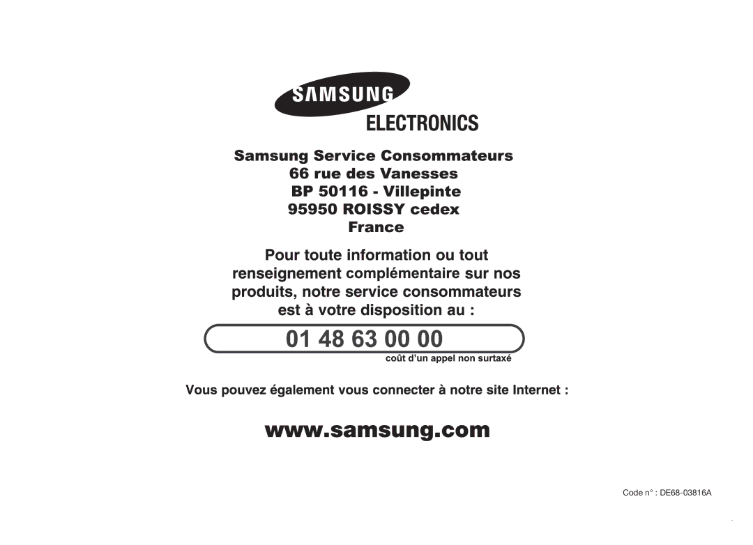 Samsung GW71B/XEF manual Code n DE68-03816A 