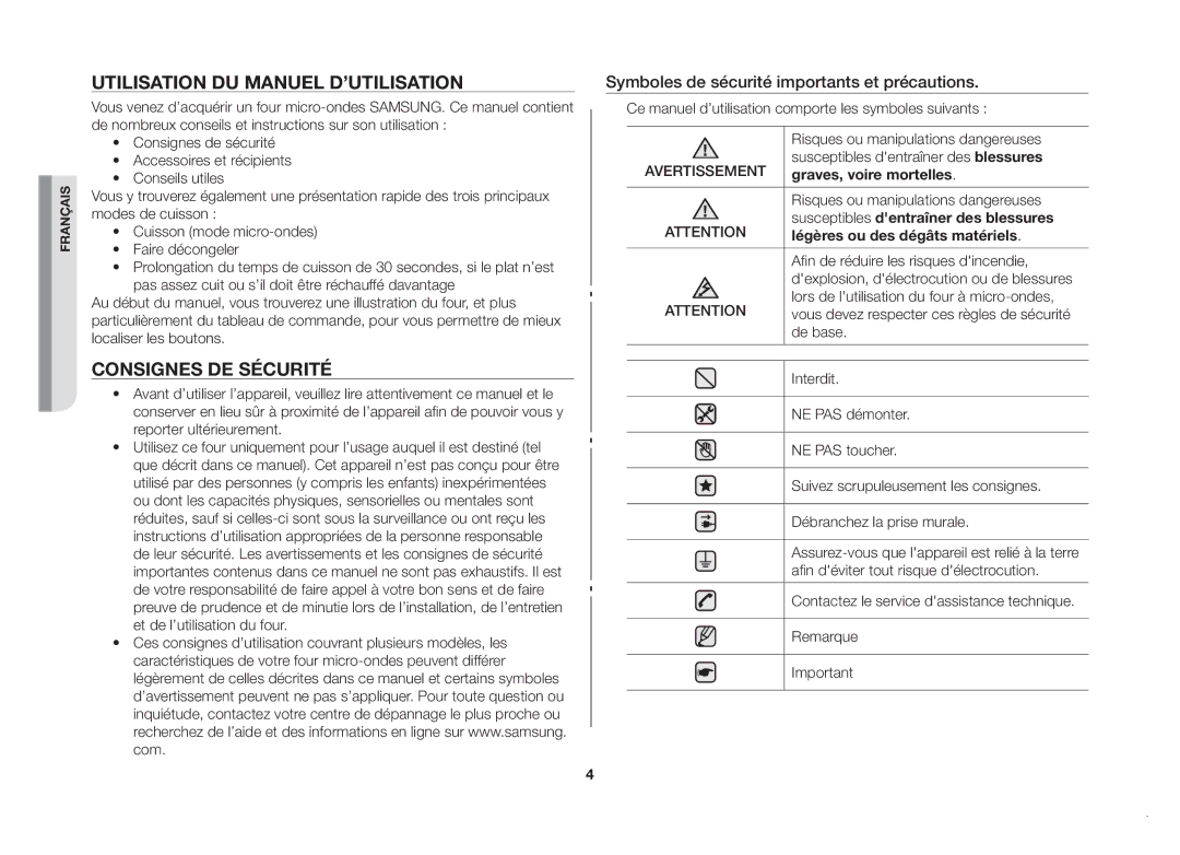 Samsung GW71B/XEF manual Utilisation du manuel d’utilisation, Consignes de sécurité 