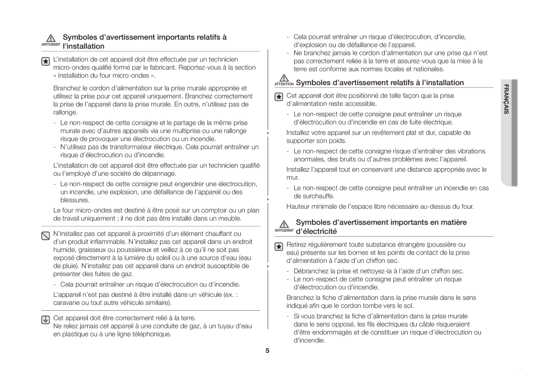 Samsung GW71B/XEF manual Symboles d’avertissement importants en matière 