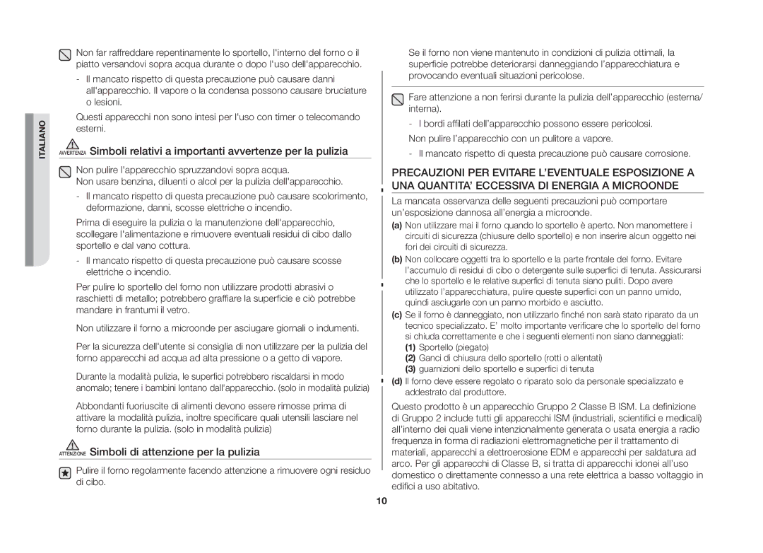 Samsung GW71B/XET, GW71B-S/XET manual Attenzione Simboli di attenzione per la pulizia 