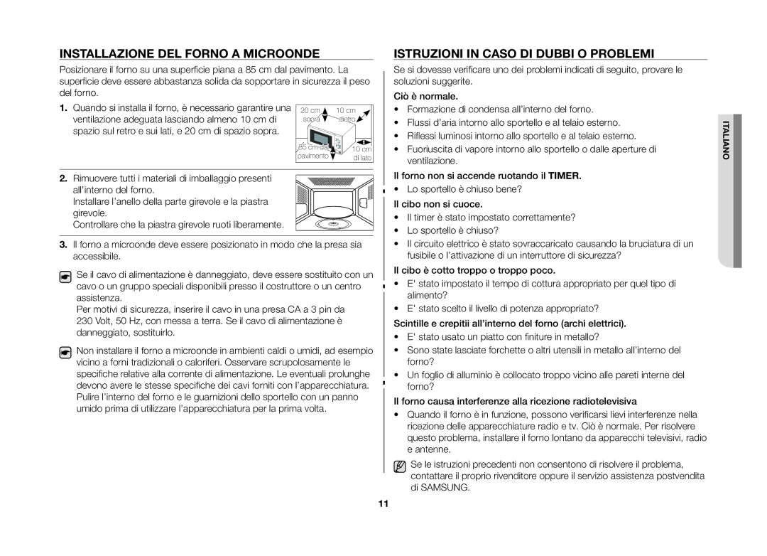 Samsung GW71B-S/XET, GW71B/XET manual Installazione del forno a microonde, Istruzioni in caso di dubbi o problemi 