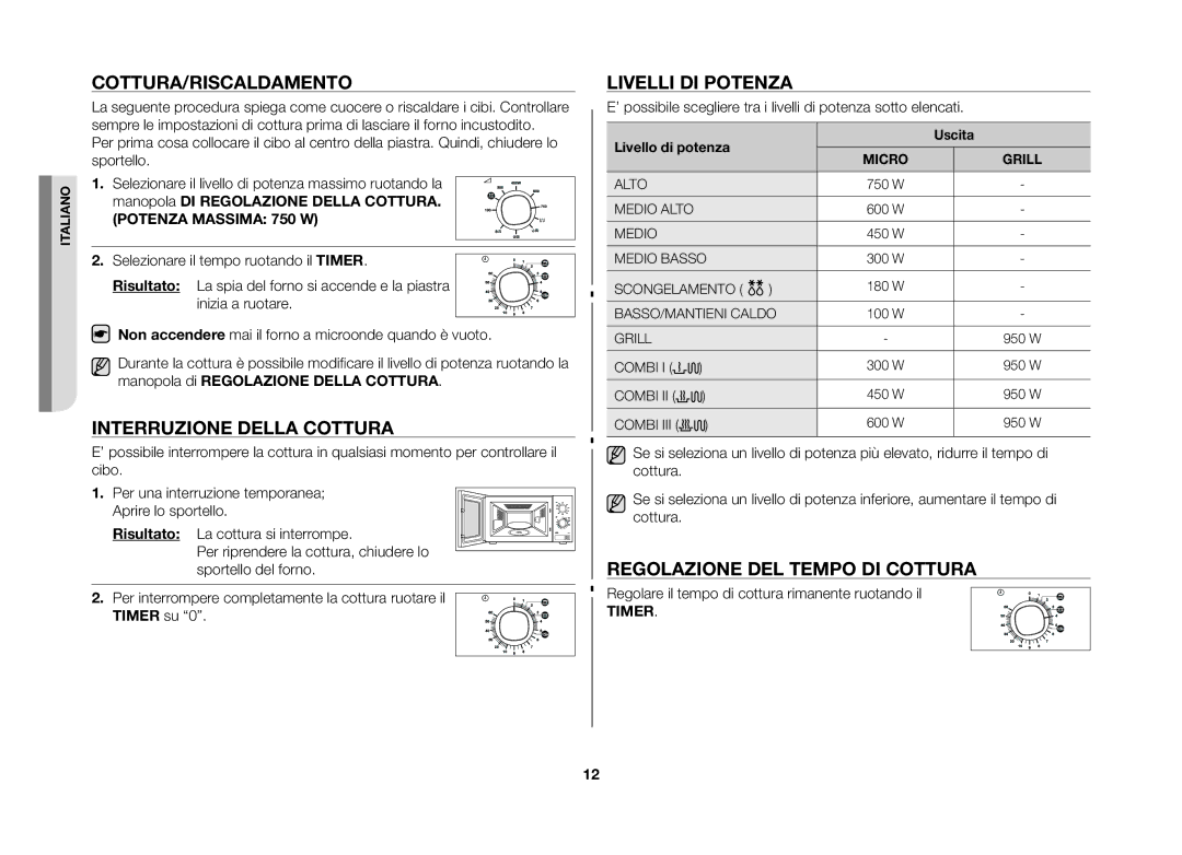 Samsung GW71B/XET Cottura/Riscaldamento, Interruzione della cottura, Livelli di potenza, Regolazione del tempo di cottura 