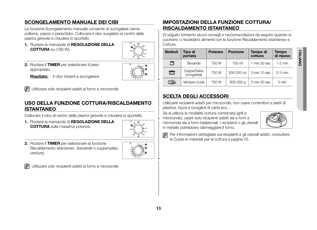 Samsung GW71B-S/XET, GW71B/XET Scongelamento manuale dei cibi, Uso della funzione Cottura/Riscaldamento istantaneo 