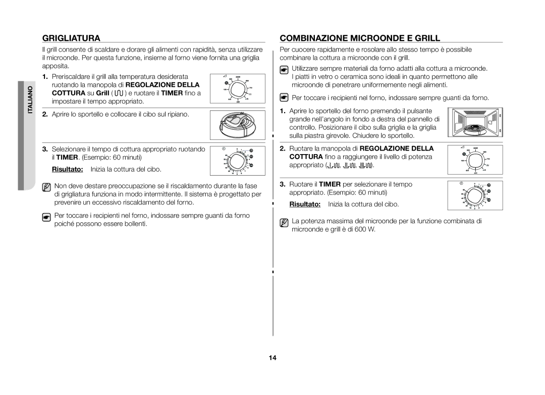 Samsung GW71B/XET, GW71B-S/XET manual Grigliatura, Combinazione microonde e grill 