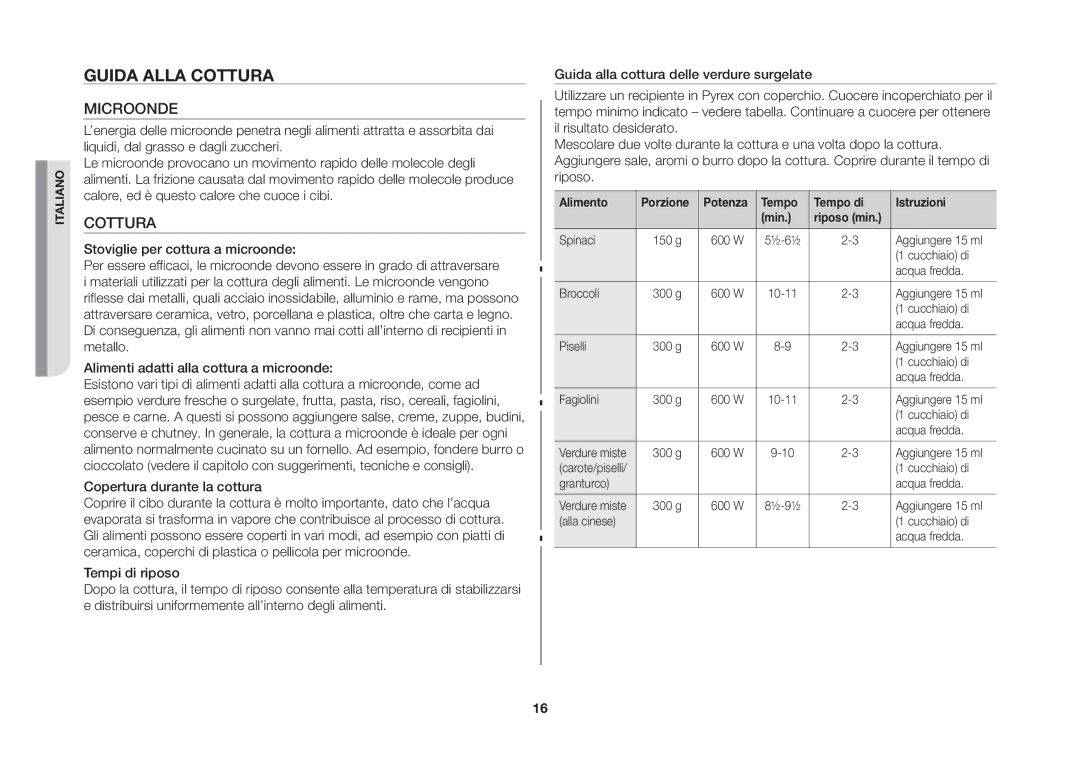 Samsung GW71B/XET manual Guida alla cottura, Microonde, Cottura, Alimento Porzione Potenza Tempo Tempo di Istruzioni Min 