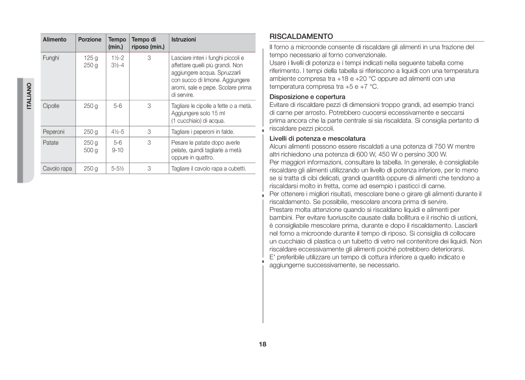 Samsung GW71B/XET, GW71B-S/XET manual Riscaldamento, Alimento Porzione Tempo Tempo di Istruzioni Min Riposo min 