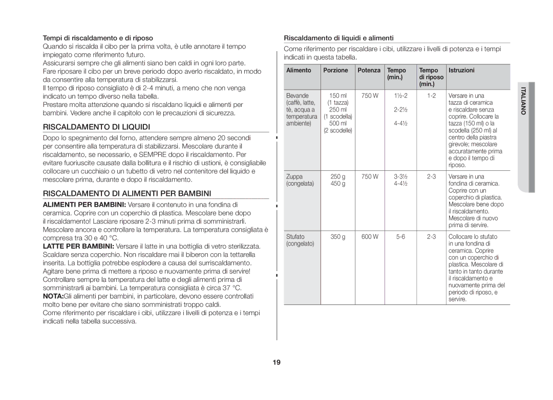 Samsung GW71B-S/XET, GW71B/XET manual Riscaldamento DI Liquidi, Riscaldamento DI Alimenti PER Bambini 